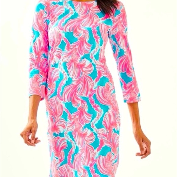 Lilly Pulitzer Charley Dress Size L 3/4 Sleeve Casual Cotton Pink Blue - Picture 4 of 8